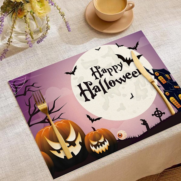 Halloween-Dukunderlägg för Matbord, Set om 4, Tvättsbara, 11,8 x 15,7 tum, Inomhus, för Matrum, Köksdekoration, Bordsunderlägg