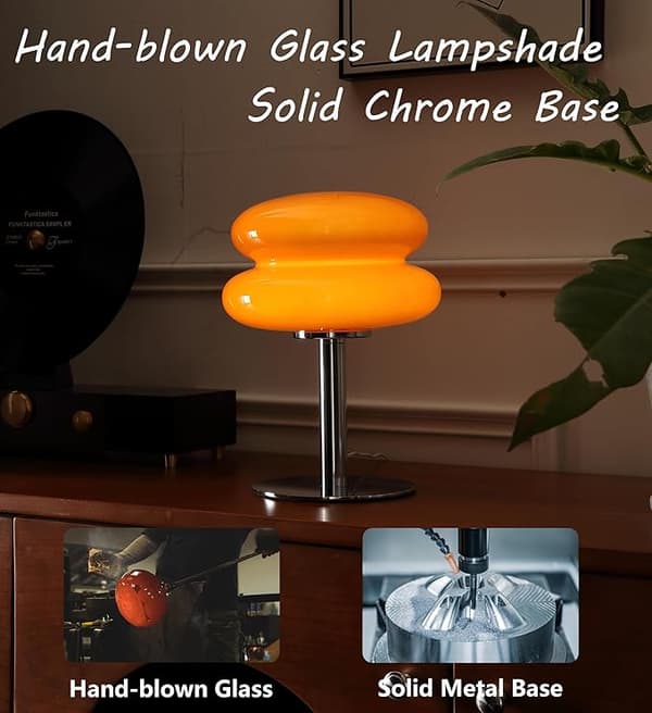 Svampbordslampa, steglöst dimbar handblåst glas sänglampa för sovrum, orange