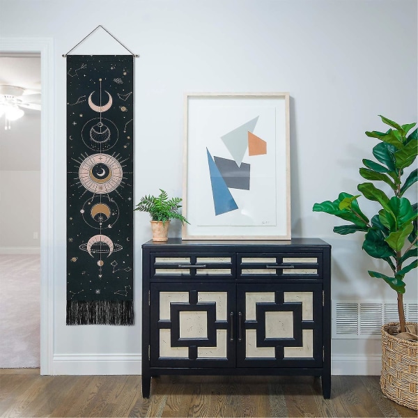 Måne-Vægtæppe Psykedelisk Væghængende Tapisserier Tapet Hjem Dekoration Til Soveværelse 51 X 13 Tommer (130 X 32 Cm), Sort