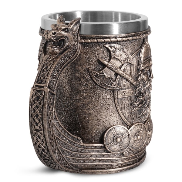 Rostfritt Stål Medeltida Nordisk Viking Skepp Öl Kaffe Mugg Brons Färg Viking Krigare Drickmuggar för Kollektiv Gåva