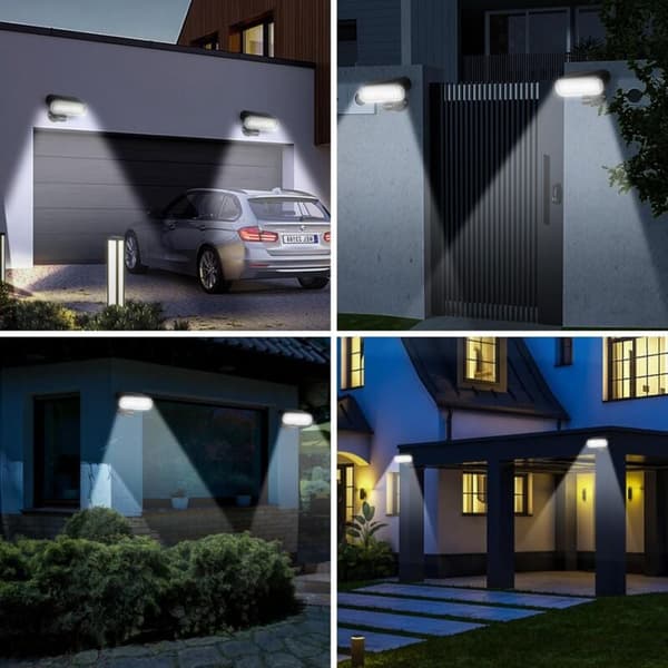 Solcellslampor utomhus med rörelsesensor, IP65 vattentät, 120° detektering, 2-pack, energiklass D, för trädgård och garage