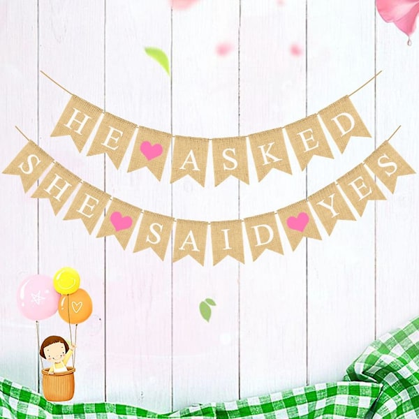3 st förlovade Jutesäckbanderoll Han frågade Hon sa ja Banner Rustik Brudparty Vimpel Girlang Fo