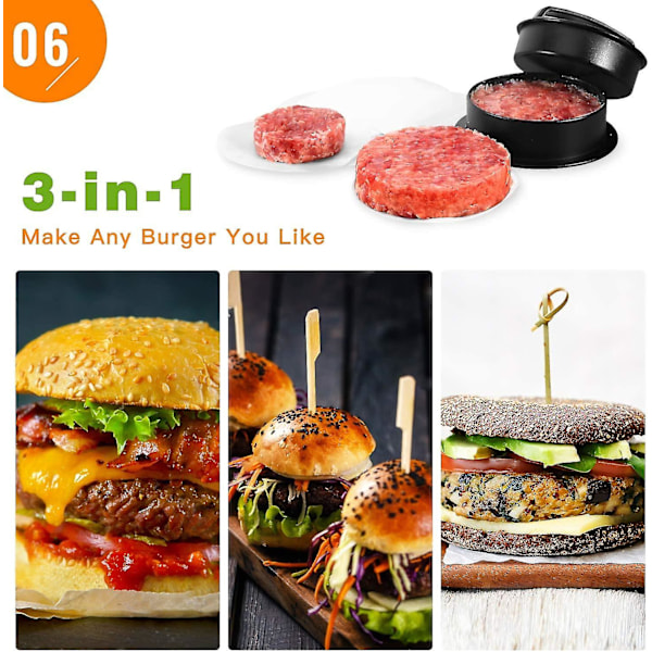 Hamburgerpress, 3 i 1 Non-stick Hamburger Patty Maker Hamburger Press Set För Hamburgerbiffar Bbq Burger Press Köttbullar Grilltillbehör - Svart