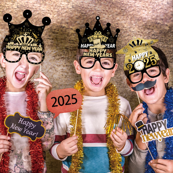 12 st Nyårsfotorekvisita Glädje Nyår Glasögon och hatt 2025 Festglasögon och hatt Roliga Solglasögon Nyårsfest