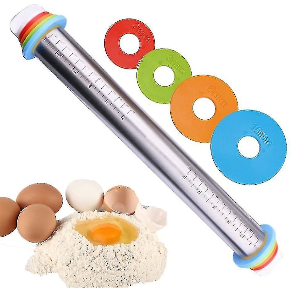Noodle Pin i Rustfrit Stål, Justerbar Tykkelse Rullekølle, Med 4 Størrelser Af Afstandsholdere, Diameter 4,5 Cm, L