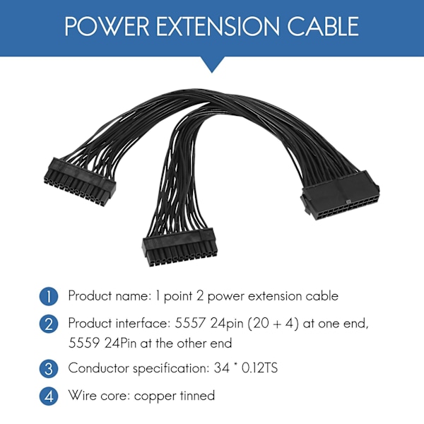 Atx 24pin 1 - 2 portin virtalähteen jatkokaapeli Psu uros naaras jakaja 24pin jatkokaapeli
