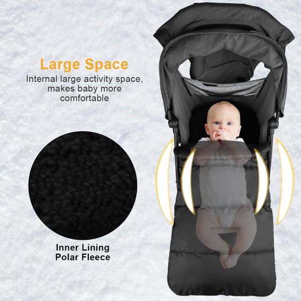 Universel kørepose til barnevogn, vandtæt og vindtæt, varmt fleecefor, sort
