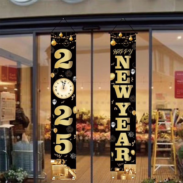 Svart Happy New Year Dörrbanderoll Nyårs Veranda Skylt 2025, ge en vänlig look till ditt hem (180 * 30cm)