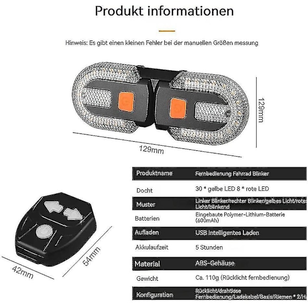 Sykkelblinklys med trådløs fjernkontroll, todelt baklys med indikator, USB-oppladbar