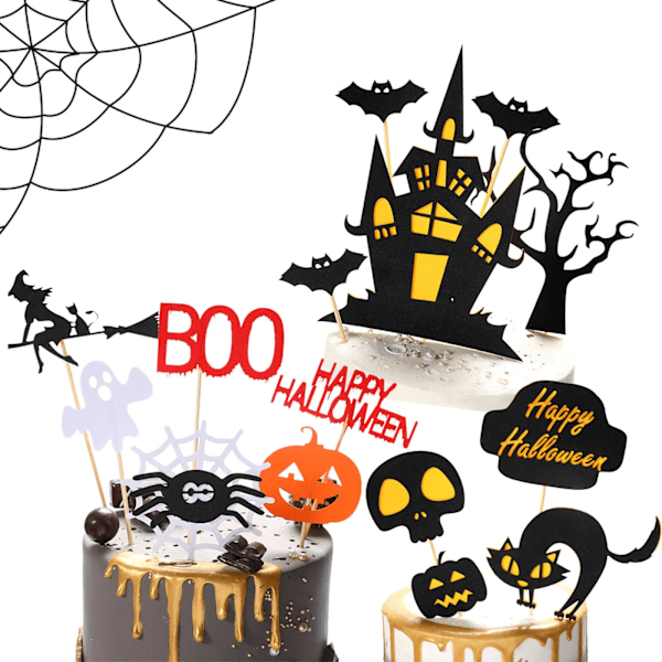 3 sæt Halloween Fødselsdagskage Topper Halloween Cupcake Topper Spøgelseshus Glitter Spooky Græskar Bat