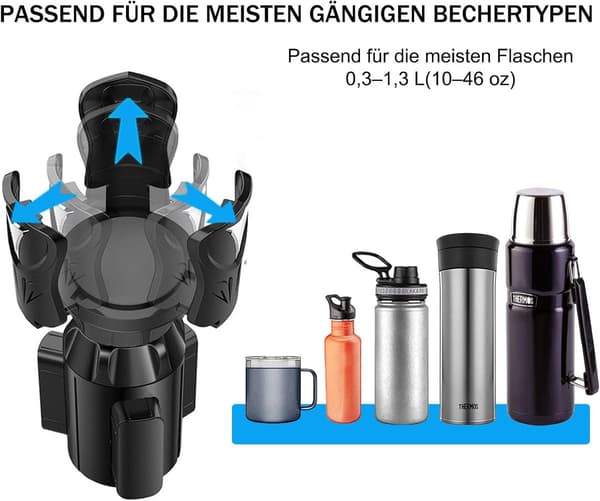 Justerbar mugghållare för bil, passar 10-46 oz flaskor, 3-punkts stabilt grepp med silikonvaddering, vridlåsbas som passar de flesta fordon, svart
