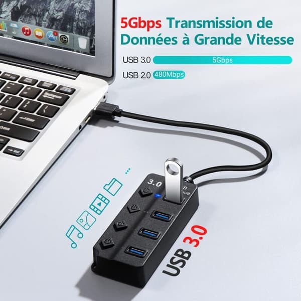 Multi-USB Hub med 1 USB 3.0  u0026 3 USB 2.0 porte, uafhængige kontakter  u0026 LED-lys til dataoverførsel  u0026 opladning
