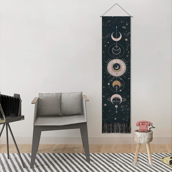 Måne-Vægtæppe Psykedelisk Væghængende Tapisserier Tapet Hjem Dekoration Til Soveværelse 51 X 13 Tommer (130 X 32 Cm), Sort