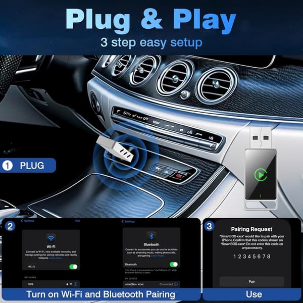 Trådløs CarPlay-adapter 2-i-1 til Android Auto og CarPlay, Plug and Play kablet til trådløs konverter til iPhone iOS 10+ og Android 11+
