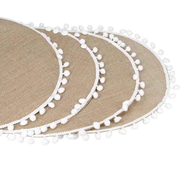 38 cm, 4 kpl:n juuttipöytätabletit koristeellisilla valkoisilla pompomeilla