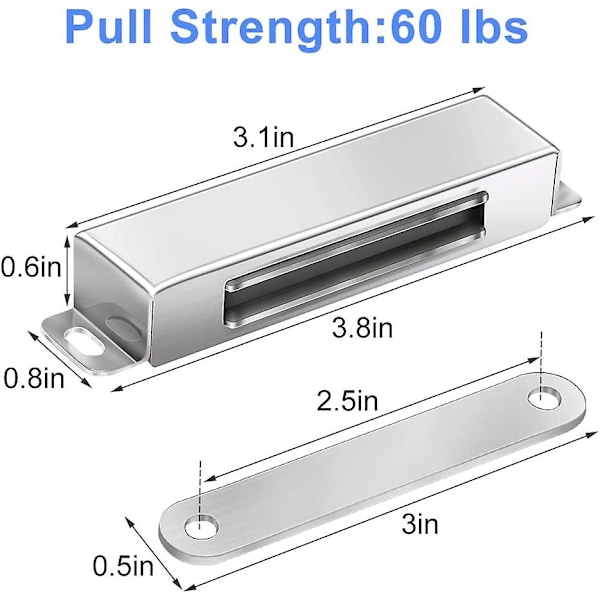 Magnetisk dørstopper 30 kg trekkraft Sterk magnet skaplåser Magnetisk maskinvare Rustfritt stål Krom dørlukker (60 lbs styrke 2-pakning)