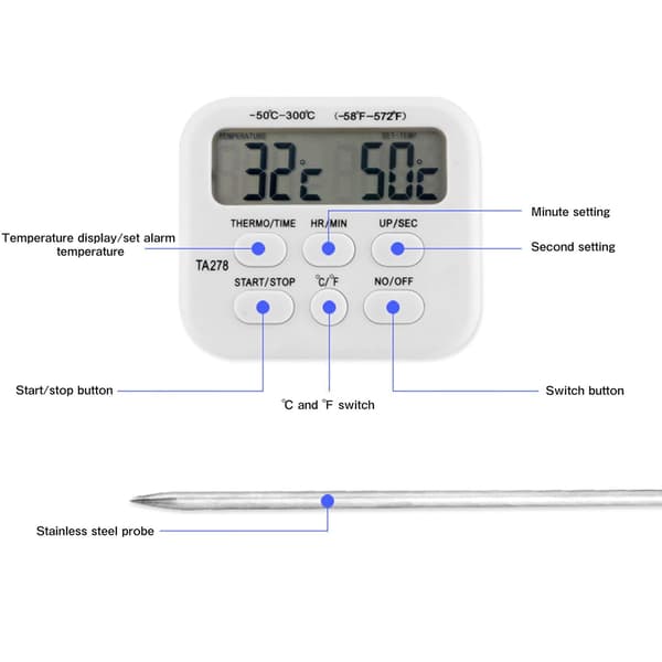 Kødtermometer, magnetisk bagside og stativ for problemfri overvågning, -50°C til 300°C område, 99 timer 59 minutter 59 sekunder timer, til