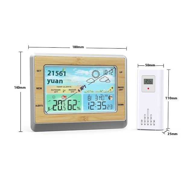 Silver Väder Inomhus Utomhus Termometer, Färgdisplay Digital Vädertermometer Prognos Station med Justerbar Bakgrundsbelysning