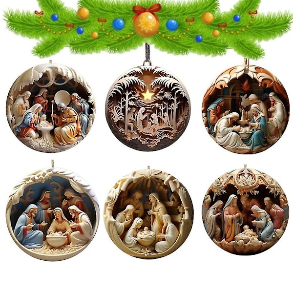 6 st Nativity Julgran Hänge Jesus Kristus Hängande Prydnader 2d Nytt År Akryl Utsökt Inomhus Nativity Scene Decor