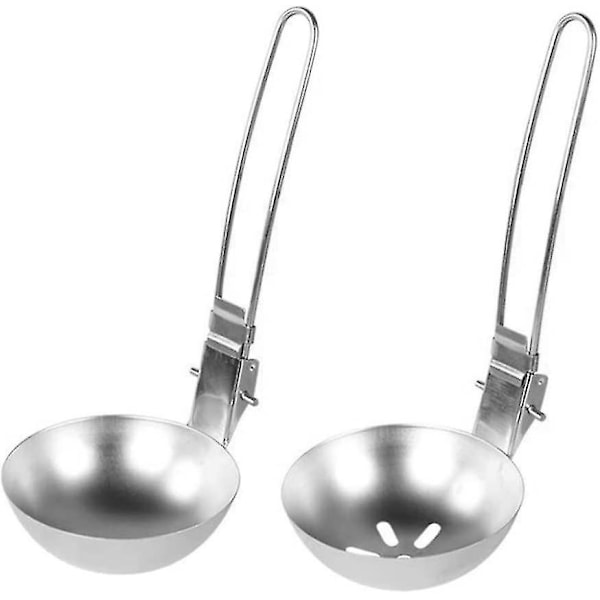 Camping Fällbar Skedsats Picknick Rostfritt Stål Bestick Soppslev Skimmer Med Handtag, Rostfritt Stål Soppslev 2st