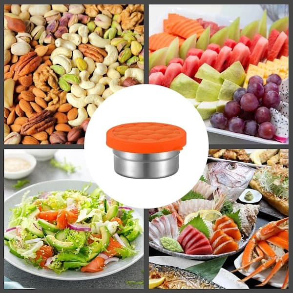Snackbeholdere i rustfrit stål med silikonelåg, lækagesikker 3-pak til børn og voksne, 180 ml orange