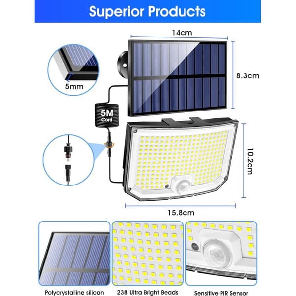 238LED Solcellelamper Utendørs 2000LM Bevegelsessensor med Fjernkontroll 3 Moduser 2200mAh Flomlys