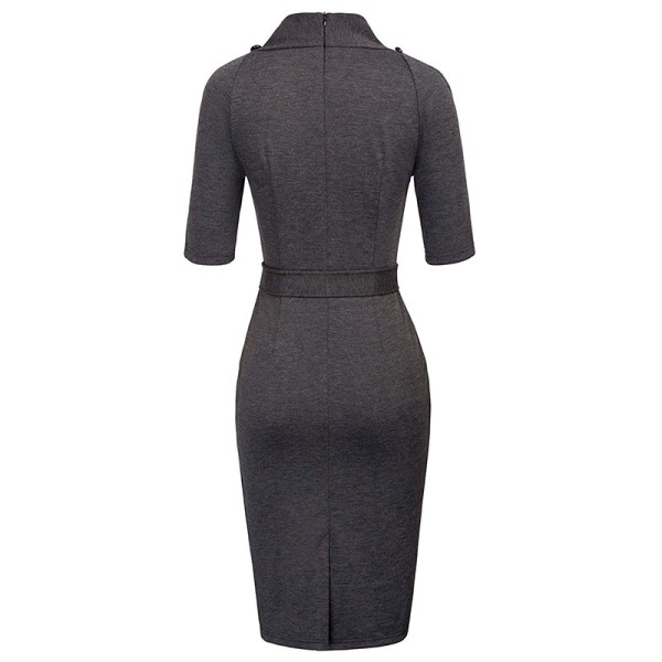 Kortärmad Bodycon-klänning för kvinnor med bälte Business Cocktail Funeral Pencil-klänning med fäste gray XL