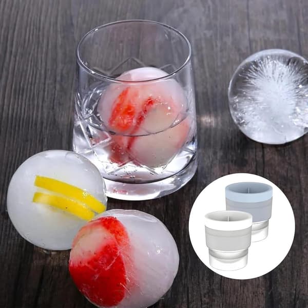 Rund isbollsform, set om 4, silikonformar med lock, 6 cm iskulor för whisky, cocktails och gin tonic, vit/blå