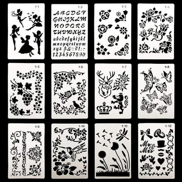12-dele stort skabelonsæt, vaskbare genanvendelige skabeloner til bullet journaling, tegning, maling og håndværk, 24,6 x 16 cm