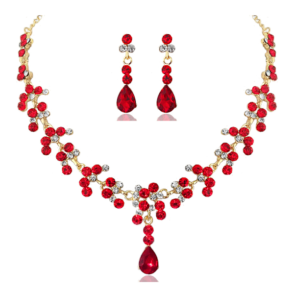 Two piece set of red ear needle style Wedding Jewelry Sets for Brides Bridesmaid Prom Jewelry Set Rhinestone Necklace and Earrings