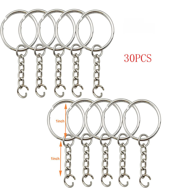 30 sett med delte nøkkelringer med kjede sølv nøkkelring, nøkkelringdeler med åpen hoppring og kontakt.
