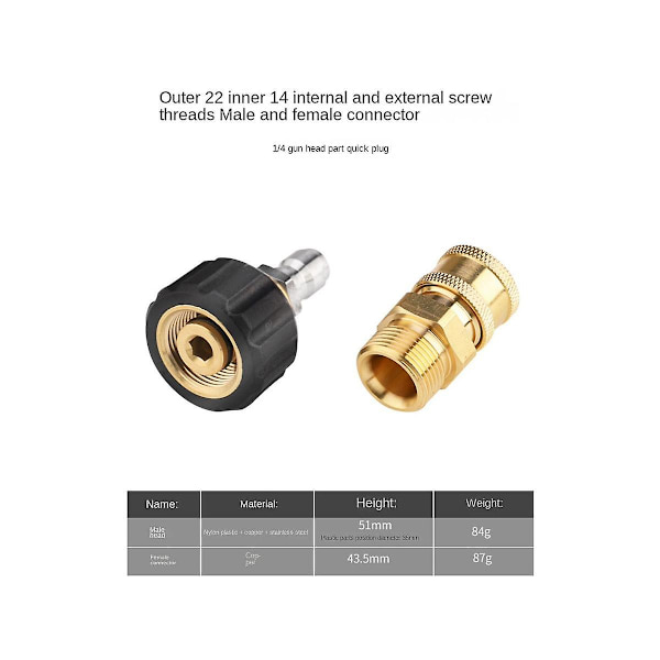 Adapter sæt til højtryksrenser M22-14 mm drejelig 1/4 indvendigt udvendigt gevind -in stik