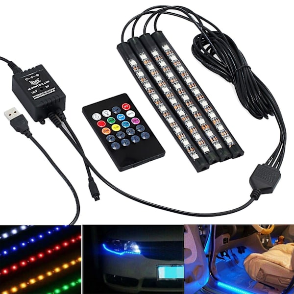 4x Dc12v 9 Led Rgb Bil Indvendig Atmosfære Fodbrønds Strimmel Lys Usb Oplader