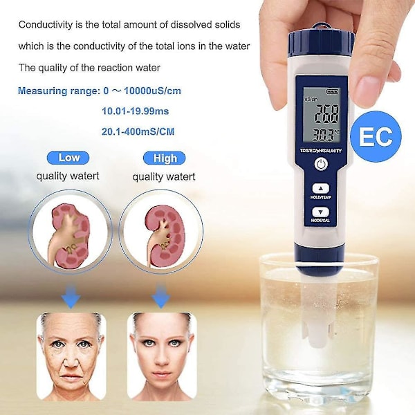 Multifunktionell vattenkvalitetstestare 5 i 1 vattentestare, digital Tds/ec/salthalt/ph/tempe