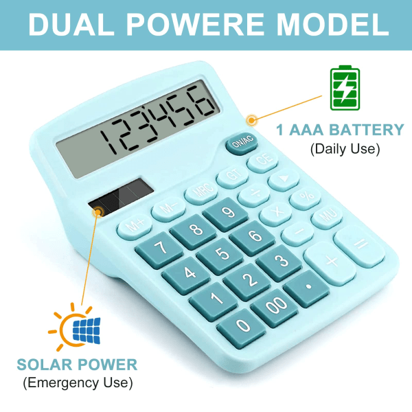 Skrivbordsräknare, 12-siffrig solcellsräknare med stor LCD-display, kontorsräknare med stora knappar (blå) Blå