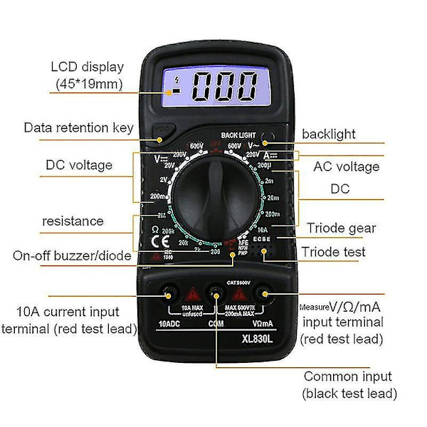 Digital Multimeter Lcd-skärm Display Bärbar Spänning Resistans Testverktyg Med Bakgrundsbelysning Xl830l