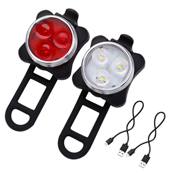 Superlysende vanntett front- og baklyktsett for sykkel - 4 lysmoduser - (2 svarte LED-lys, 2 USB, 2 stropper)