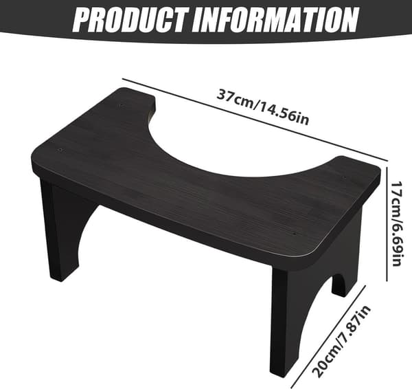 Ergonomisk toiletskammel, toiletskammel i træ til voksne og børn, skridsikker, 37 x 20 x 17 cm, sort