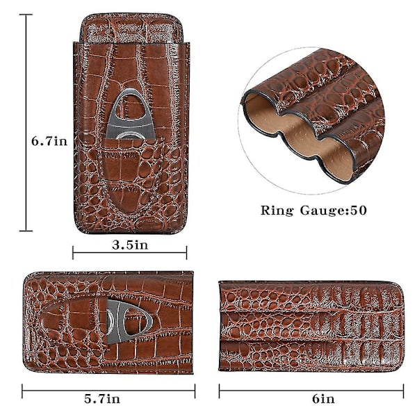 3 Rør Cigar Etui, Krokodillemønstret Læder Cigar Humidor Humidor Cigarboks Med Rustfrit Stål Cigarsaks (Ingen Cigarer)