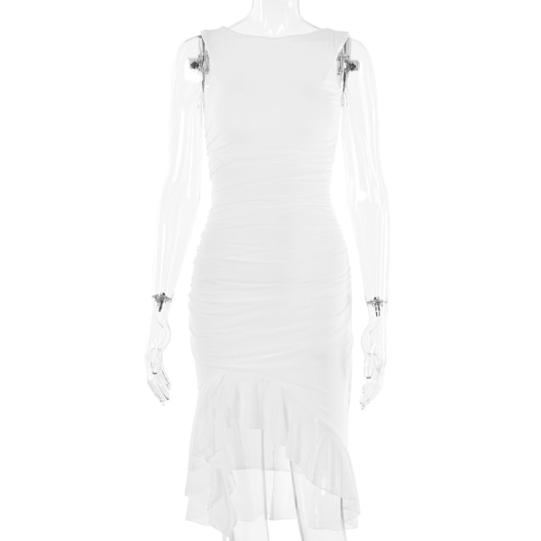 2023 vår och sommar ny crewneck ärmlös klänning kvinnligt mode säljer sexigt livstycke grimma vik MIDI-kjol White L