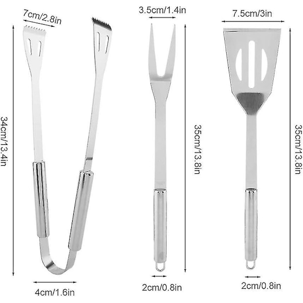 3-delt grillsett med etui, 3-delt grillsett inkluderer grillspatel, matklype, gaffel i rustfritt stål, grillredskaper for innendørs/utendørs grilling