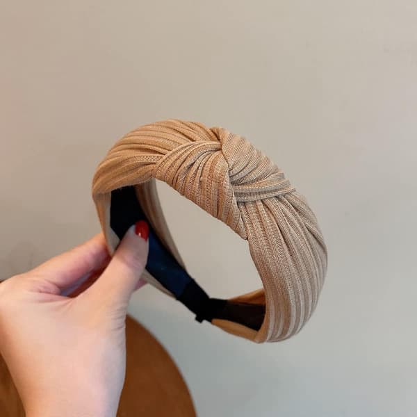 Pandebånd til kvinder, 3-pak, brede knyttede ribbet polyester, svedtransporterende åndbare, sport yoga dans, grå/kamel/lysegrå