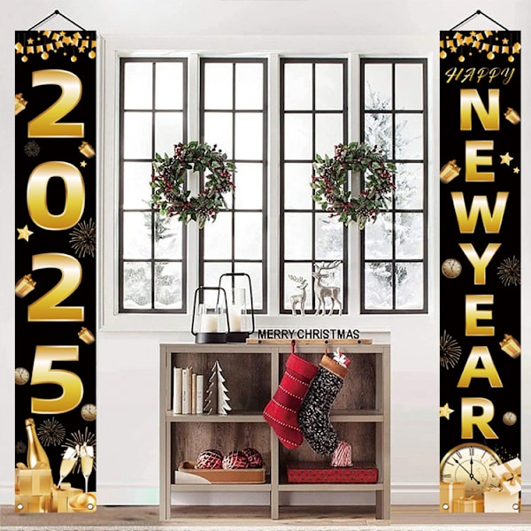 Svart Happy New Year-banderoll 72x12 tum, Veranda-skylt, Fotobås-bakgrund för inomhus- och utomhusdekorationer
