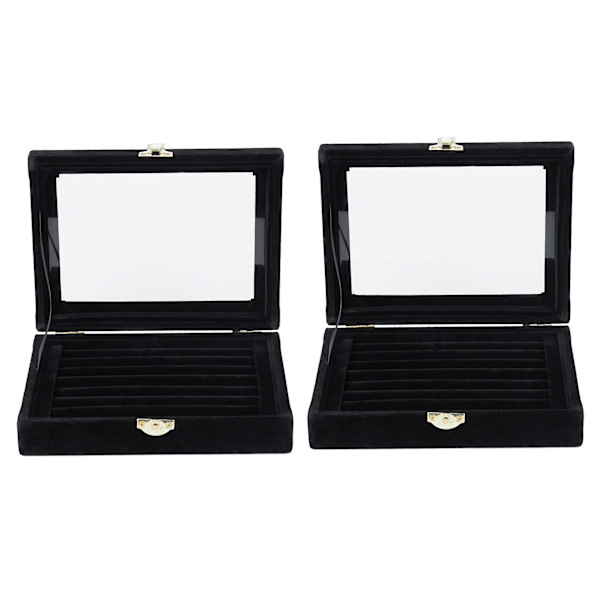 2x Fløyel Glass Ring Ørepynt Smykker Display Organizer Boks Brett Holder Oppbevaringsboks, Svart