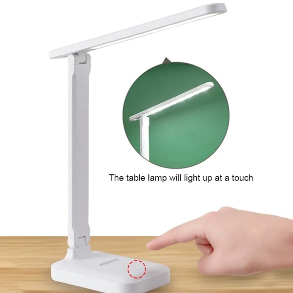 LED-bordslampe med øyebeskyttelse, USB-ladeporter, dimbar, egnet for soverom, sovesal, lesing - hvit
