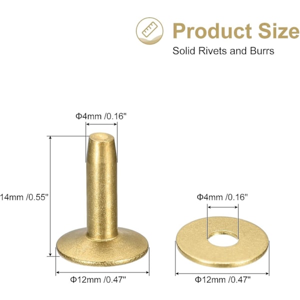 10 sæt messingnitter og grater, 12x4x14mm massive lædernitter i messing til læder-diy-håndværksartikler, guldtonet