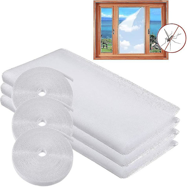 Fönstermyggnät, 3-pack flugskärm fönster DIY självhäftande insektsnät gardin bugg bi skydd 51x59 tum med 3 rullar krok klibbig