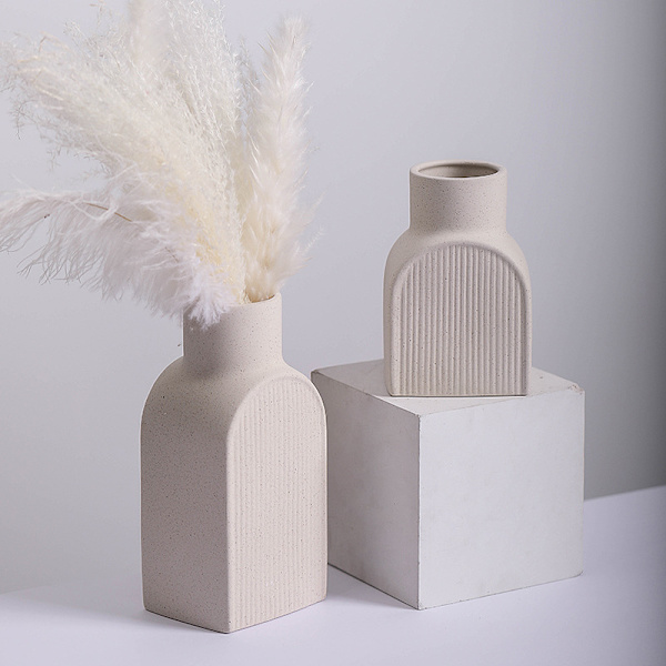 Keramisk Blomster Vase, Minimalistisk Moderne Hjemmeinnredning, Små Pampasgress Vasar for Bord, Hylle Bokhylle（To, en høy og en lav）