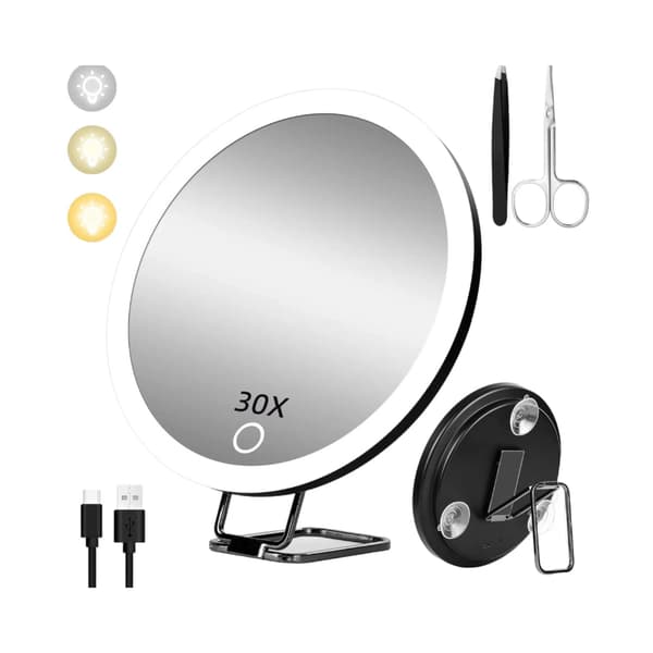 30x Magnifying Mirror with Illumination, Rechargeable with Light, 3 Color Modes Dimmable Lighting Travel Makeup Mirror with Magnification