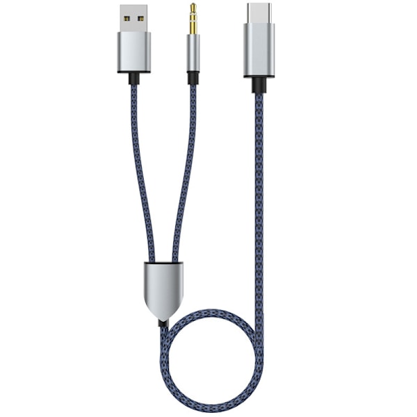 2-i-1 Type-C Bil Audiokabel 1 Split 2 Type C til USB A 3,5 mm Aux-ledning Blå